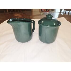 Newcor Vintage Dark Green Stoneware Sugar Bowl and Creamer Set